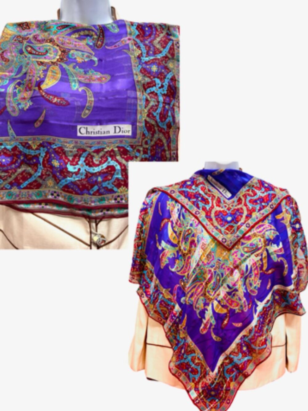 Christian Dior Soft 00% Silk Scarf Chiffon & Satin PurplePaisley Floral 31"(21 - Picture 9 of 14